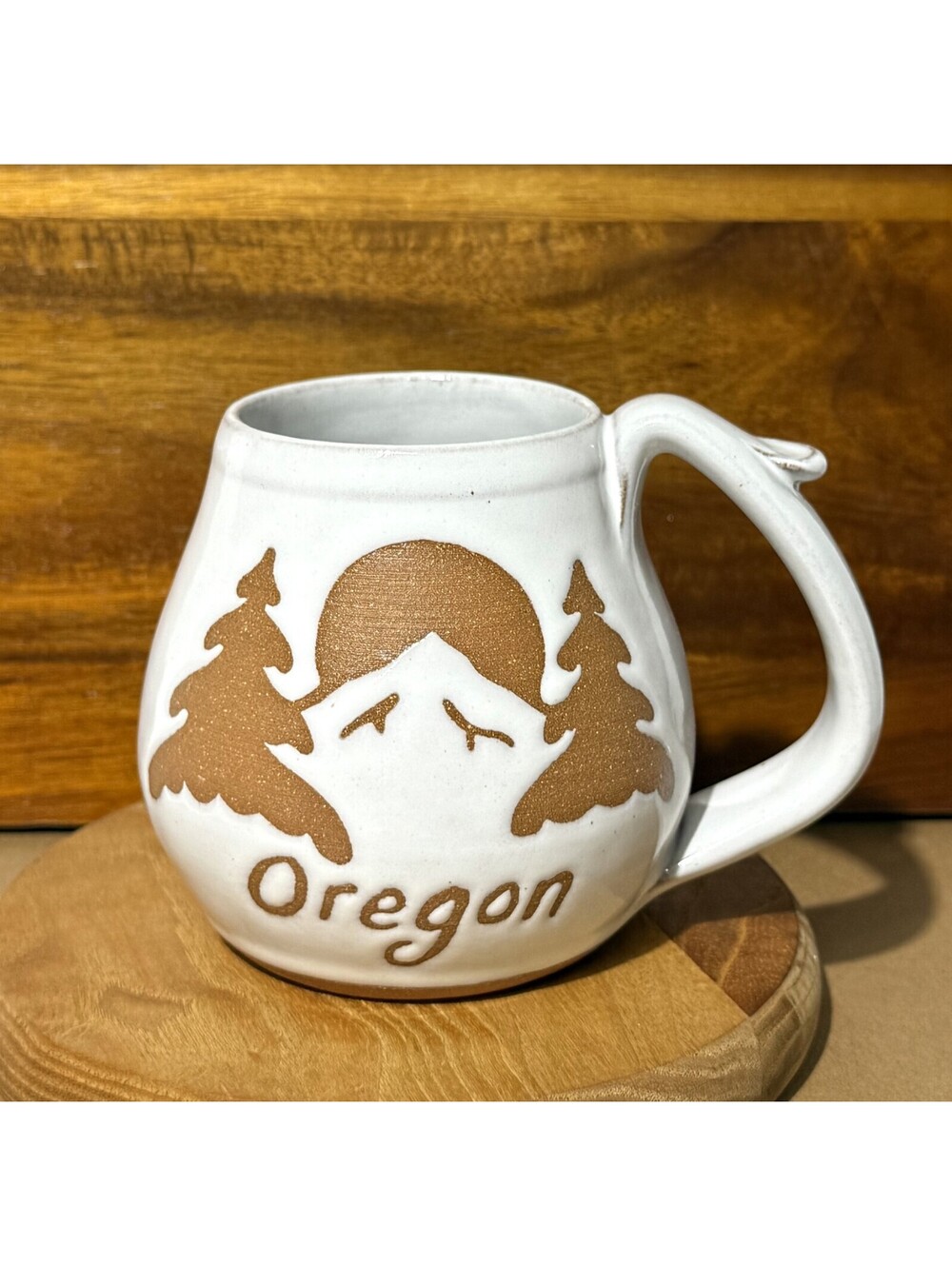 Signed Oregon Studio Pottery Hand Thrown Coffee Mug Mountain Tree Design